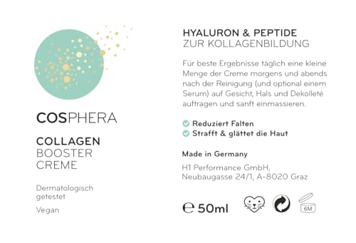 Detailansicht der COSPHERA Collagen Booster Creme Verpackung mit Produktname, 50 ml Inhalt und Anwendungshinweis