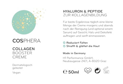 Detailansicht der COSPHERA Collagen Booster Creme Verpackung mit Produktname, 50 ml Inhalt und Anwendungshinweis