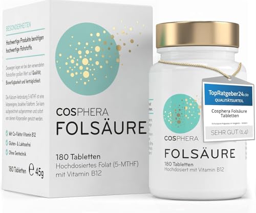 COSPHERA Folsäure Tabletten mit 800 µg Folat und Vitamin B12 in der Originalverpackung