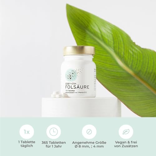 COSPHERA Folsäure Produkt mit Tabletten und Hinweis auf 1 Tablette täglich sowie angenehme Tablettengröße