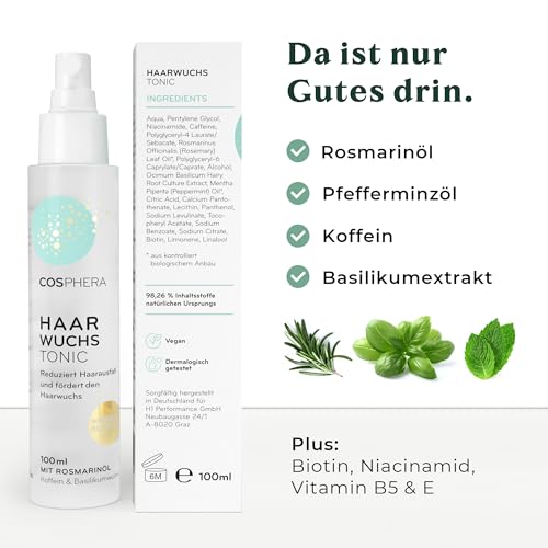 COSPHERA Haar Tonikum mit Produkt und Verpackung sowie Übersicht zu Rosmarinöl, Koffein, Biotin und weiteren Inhaltsstoffen