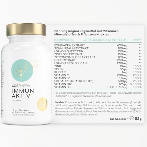 COSPHERA® Immun Aktiv Komplex – Dosenrückseite mit Etikett, Inhaltsstoffangaben und Nährstofftabelle