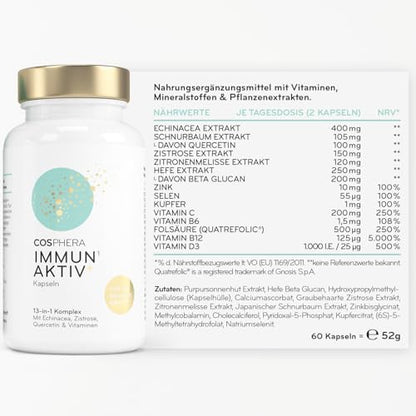 COSPHERA® Immun Aktiv Komplex – Dosenrückseite mit Etikett, Inhaltsstoffangaben und Nährstofftabelle