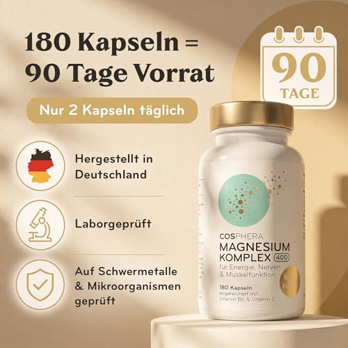 COSPHERA® Magnesium Komplex 400 mg – 180 Kapseln, 90 Tage Vorrat, hergestellt in Deutschland