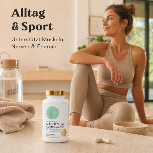 COSPHERA® Magnesium Komplex 400 mg – Frau im Alltag und beim Sport mit Produktmotiv
