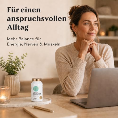 COSPHERA® Magnesium Komplex 400 mg – Frau im Alltag mit Produktmotiv „Für einen anspruchsvollen Alltag“