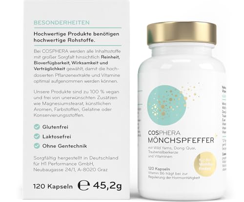 COSPHERA® Mönchspfeffer Komplex 100 mg – Dose und Verpackung mit Angaben zu Inhaltsstoffen und Produktbesonderheiten