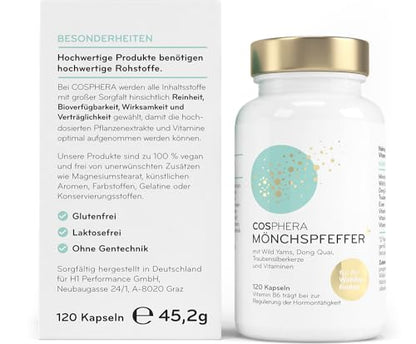 COSPHERA® Mönchspfeffer Komplex 100 mg – Dose und Verpackung mit Angaben zu Inhaltsstoffen und Produktbesonderheiten