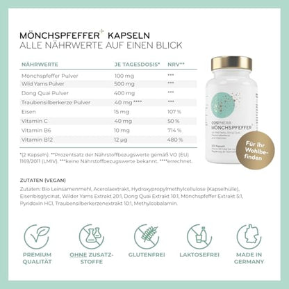 COSPHERA® Mönchspfeffer Komplex – Nährwerte und Inhaltsstoffe auf einen Blick in Tabellenform

