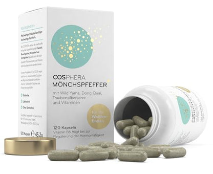 COSPHERA® Mönchspfeffer Komplex 100 mg – offene Dose mit Kapseln und Verpackung