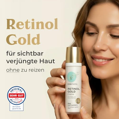 COSPHERA® Retinol Gesichtscreme 50 ml – Frau hält das Produkt in der Hand dazu mit Dermatest-Siegel „Sehr gut“