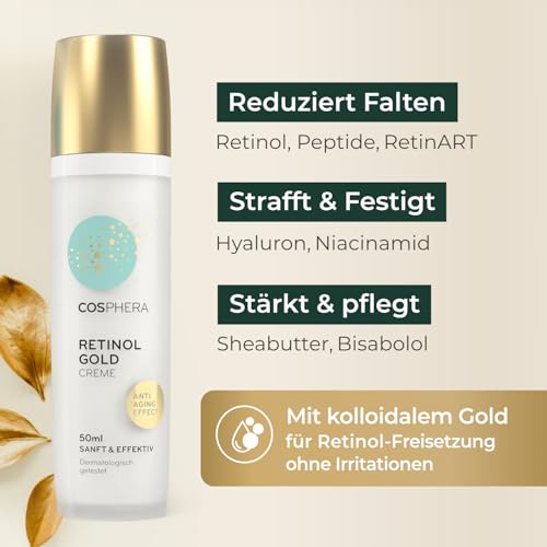 COSPHERA® Retinol Gesichtscreme 50 ml – Pflegewirkstoffe mit Retinol, Hyaluronsäure, Niacinamid und Gold