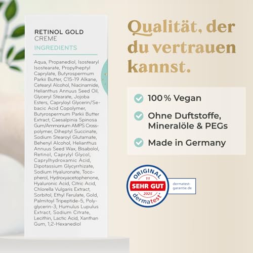 COSPHERA® Retinol Gesichtscreme 50 ml – Produktmotiv „Qualität, der du vertrauen kannst“ mit aufgelisteten Inhaltsstoffen auf der Verpackung