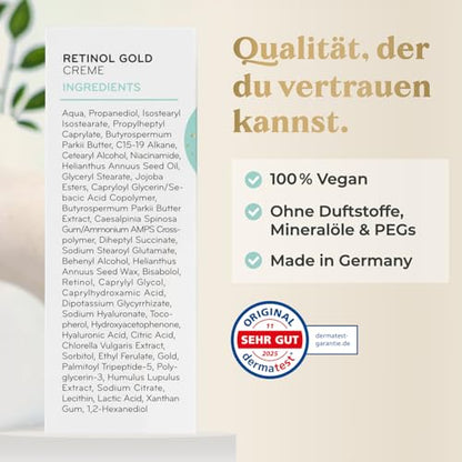 COSPHERA® Retinol Gesichtscreme 50 ml – Produktmotiv „Qualität, der du vertrauen kannst“ mit aufgelisteten Inhaltsstoffen auf der Verpackung