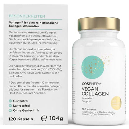 COSPHERA Vegan Collagen mit Vollagen® – Produkt und Verpackungsseite mit Produktmerkmalen