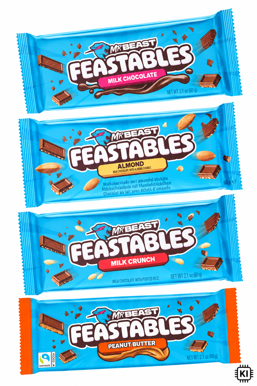 Feastables Beast Bar Probierpackung mit Milk Chocolate, Almond, Milk Crunch und Peanut Butter – 4 x 60 g