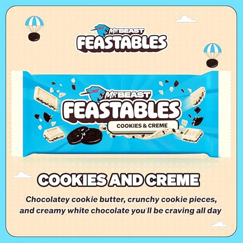 Feastables MrBeast Cookies & Creme Packung mit Produktinformationen und Textdarstellung