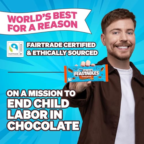 Lachender Mann mit Feastables MrBeast Peanut Butter Schokolade und Hinweisen auf Fairtrade-Zertifizierung und ethische Beschaffung