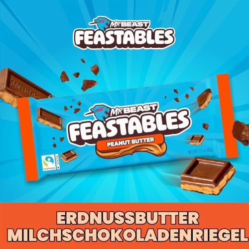 Feastables MrBeast Peanut Butter Milchschokoladenriegel mit Verpackung und abgebrochenen Schokoladenstücken vor buntem Hintergrund
