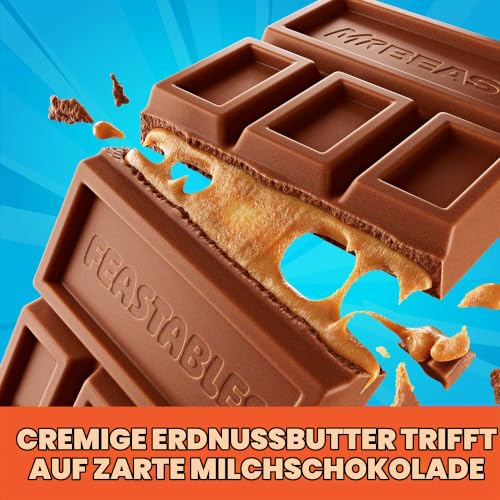 Aufgebrochene Feastables MrBeast Peanut Butter Schokolade mit deutlich sichtbarer Erdnussbutter-Füllung