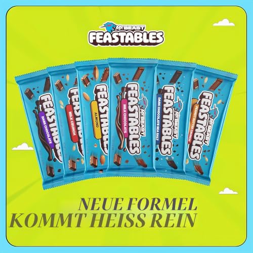 Übersicht verschiedener Feastables MrBeast Schokoladensorten wie Milk Chocolate, Milk Crunch, Peanut Butter, Caramel und Almond.