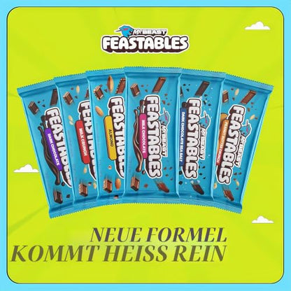 Übersicht verschiedener Feastables MrBeast Schokoladensorten wie Milk Chocolate, Milk Crunch, Peanut Butter, Caramel und Almond.