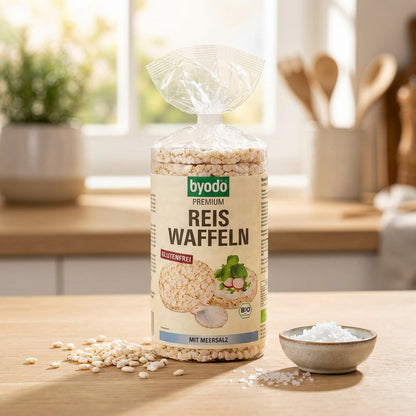 A highly detailed, studio-shot image of the 'BP Byodo Reiswaffel Meersalz (ab 100g)', showcasing the product in a modern kitchen setting. The scene is illuminated with softbox lighting to emphasize the crispy texture of the rice wafers, with a shallow dept