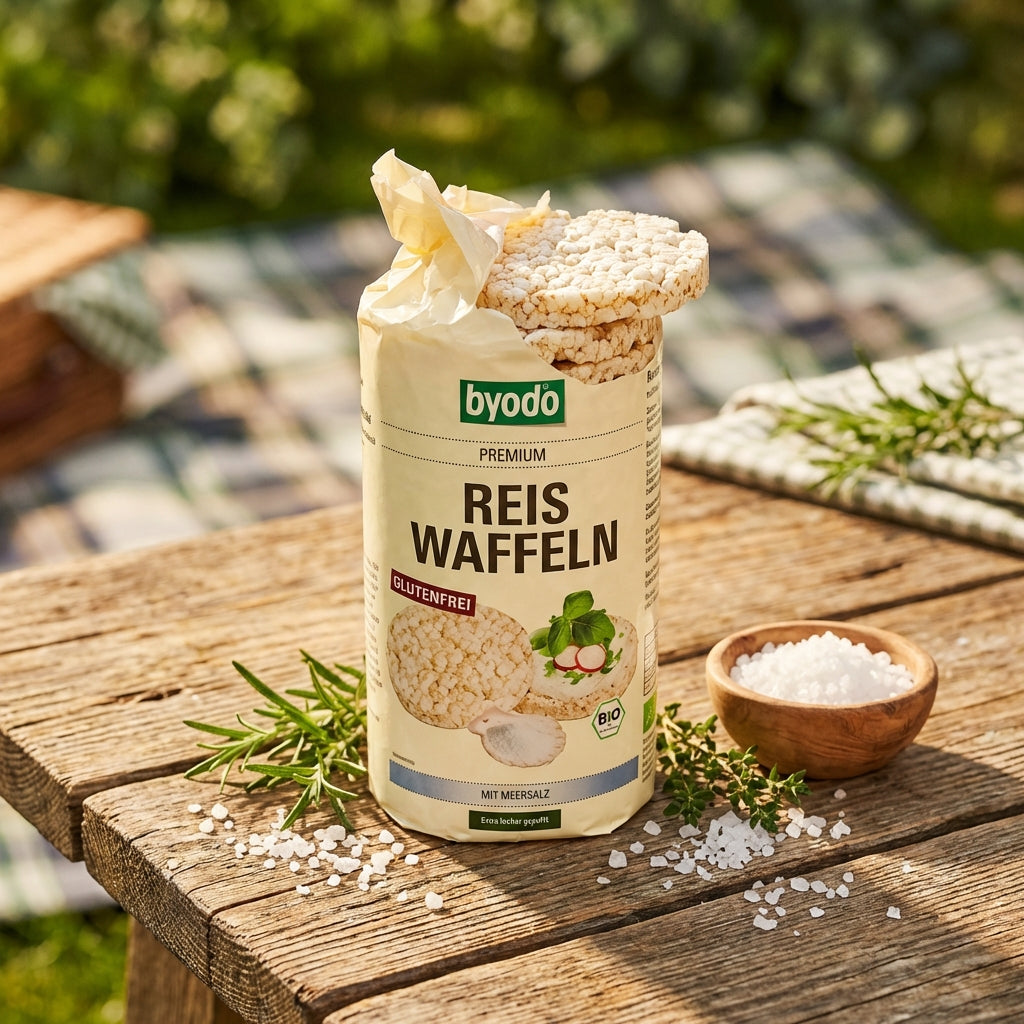 A vibrant, lifestyle shot of the Reiswaffel Meersalz product placed on a rustic wooden table, styled with fresh ingredients like sea salt crystals and sprigs of herbs. The shot uses HDR studio lighting from the side to cast delicate shadows, enhancing the 
