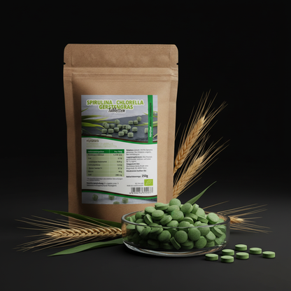 An artistic, studio-style product shot emphasizing the purity and eco-conscious origin of the 'Mynatura' tablets. The tablets are displayed in an elegant, transparent dish, set within a minimalist environment decorated with natural elements like wheat stal