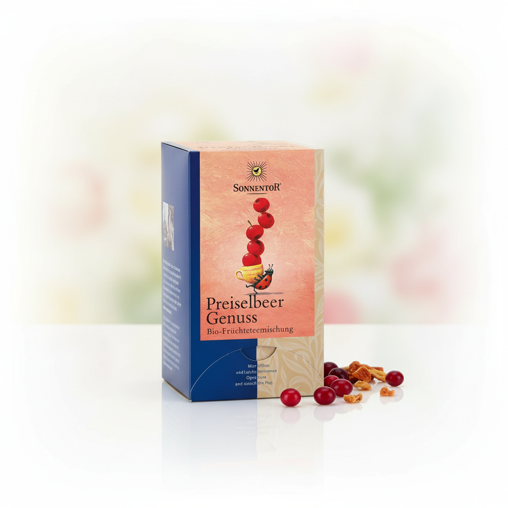 A high-resolution studio shot of the 'Sonnentor Bio Preiselbeer Genuss Früchtetee' package, shot from a slight angle to showcase the vibrant red coloration of the tea blend. The scene uses softbox lighting to create even illumination, with a subtle reflect