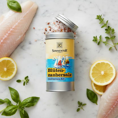 Create a cinematic overhead shot of the 'Blütenzaubersalz' on a pristine white marble countertop, styled next to fresh ingredients like fillets of fish, lemon slices, and sprigs of basil and oregano. Employ professional HDR studio lighting with soft shadow