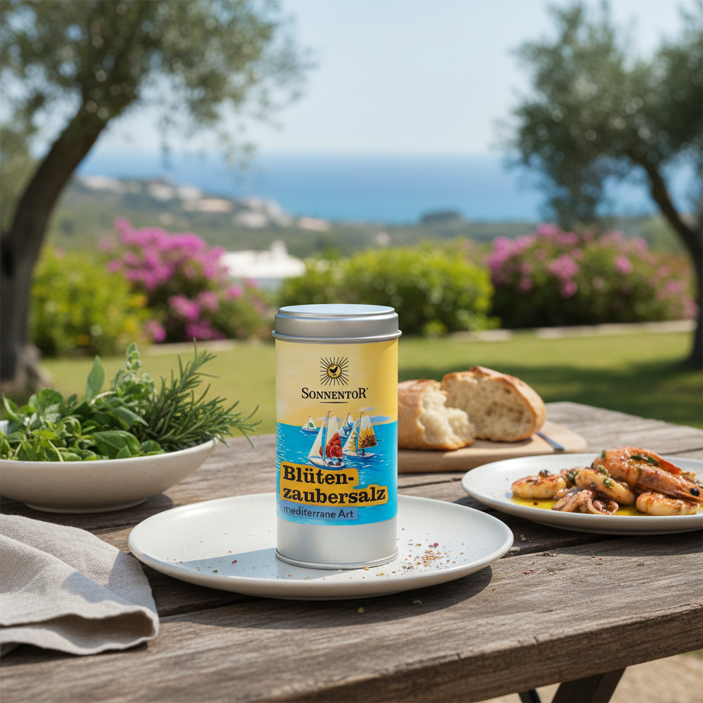 Design a lifestyle scene showing the 'Sonnentor Bio Blütenzaubersalz' jar on a rustic outdoor table set for a Mediterranean-inspired meal. Use natural diffused daylight to emphasize the warm, inviting ambiance, with the jar as the focal point, surrounded b