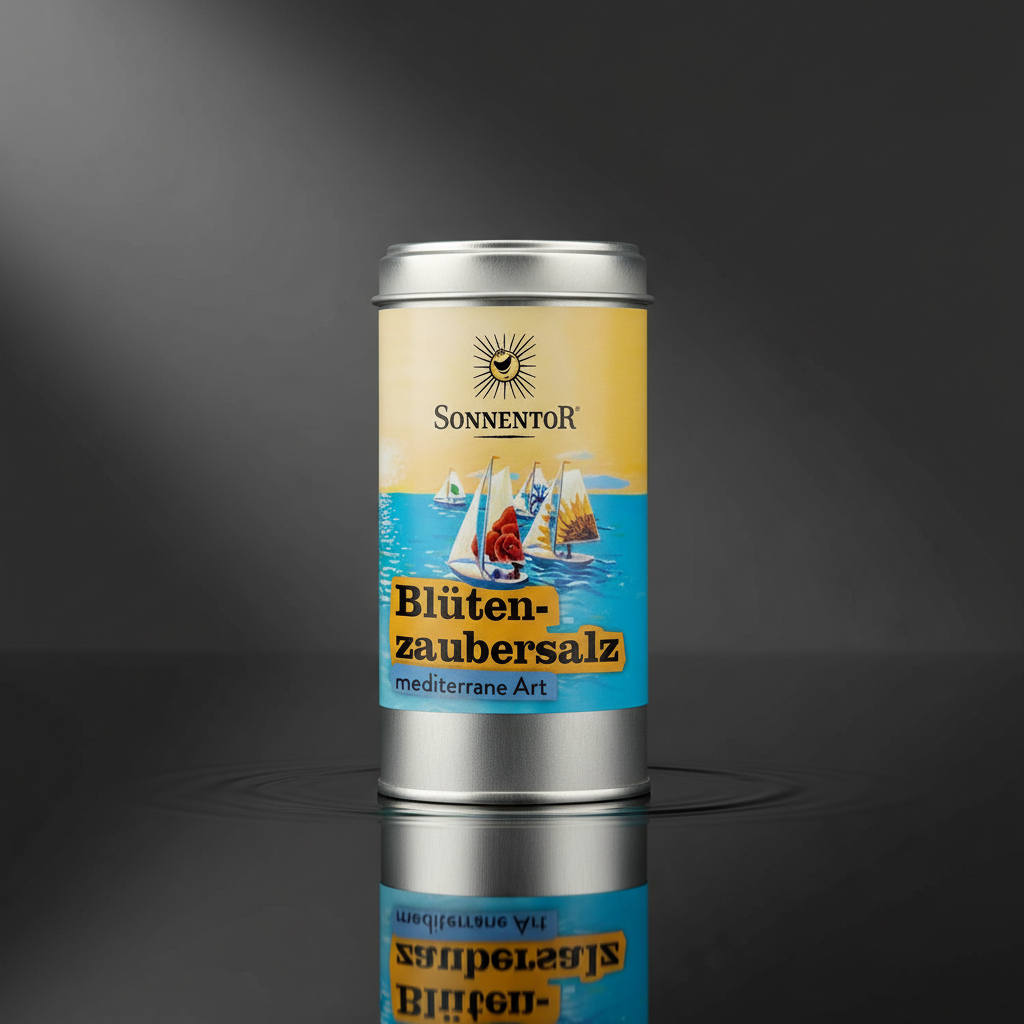 Illustrate a professional product shot in a sleek studio environment, with the 'Blütenzaubersalz' jar centered against a deep charcoal background for contrast. Use a single diffused daylight studio light source at a 45-degree angle to gently highlight the 