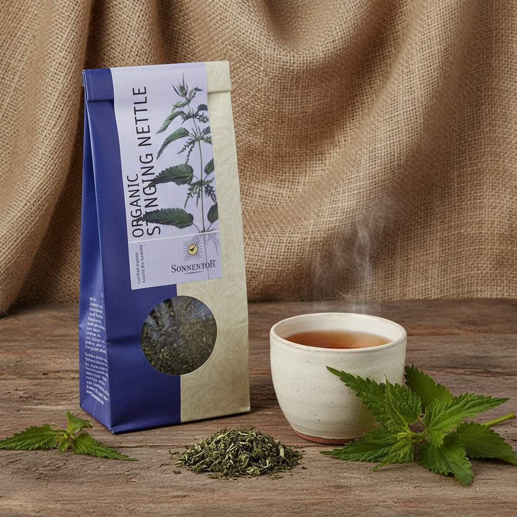Create a studio shot of the Sonnentor Bio Brennnessel Tee in a rustic, natural setting, placed on a wooden surface with a textured fabric backdrop resembling burlap. Use diffused daylight studio lighting to emphasize the earthy tones and the lush green lea