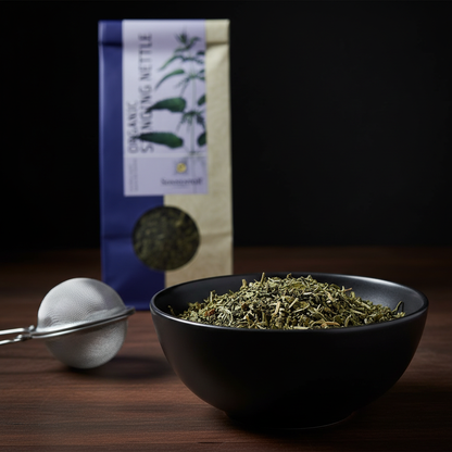 Generate a macro shot of the Sonnentor Bio Brennnessel Tee in a sophisticated, matte black bowl, with a focus on the leaf textures and subtle variations in green and brown hues. Use rim lighting to accentuate the natural contours and fine details of the te