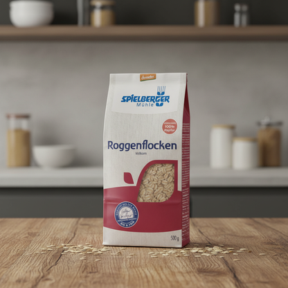 A high-resolution, studio shot of the Spielberger Bio Roggenflocken (demeter, 500g) package placed centrally on a rustic wooden table with a softbox light overhead, highlighting the natural textures of the package and the grainy surface of the flakes. The 