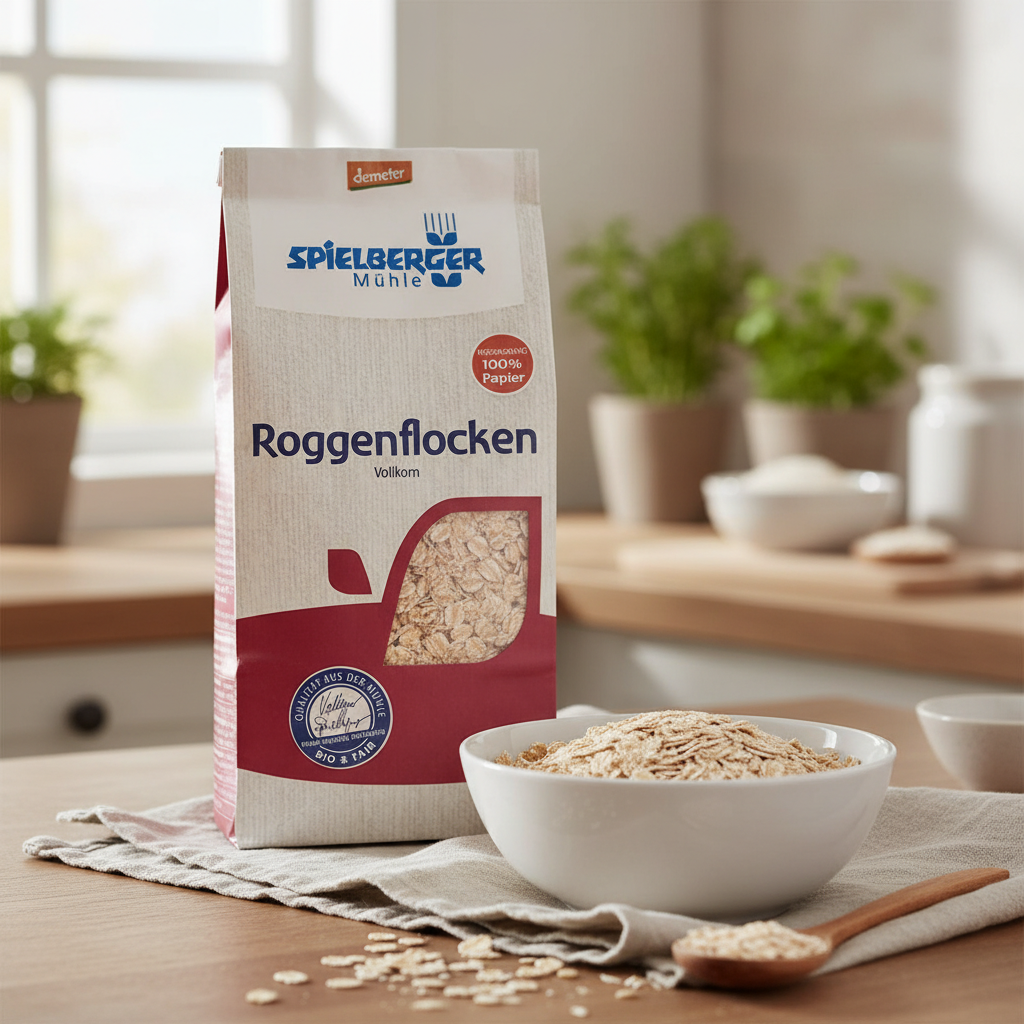 A vibrant lifestyle setting featuring a bowl of freshly poured Roggenflocken on a white ceramic plate, placed on a light linen cloth on a kitchen countertop with natural daylight streaming in from a nearby window. The scene is illuminated with diffused day