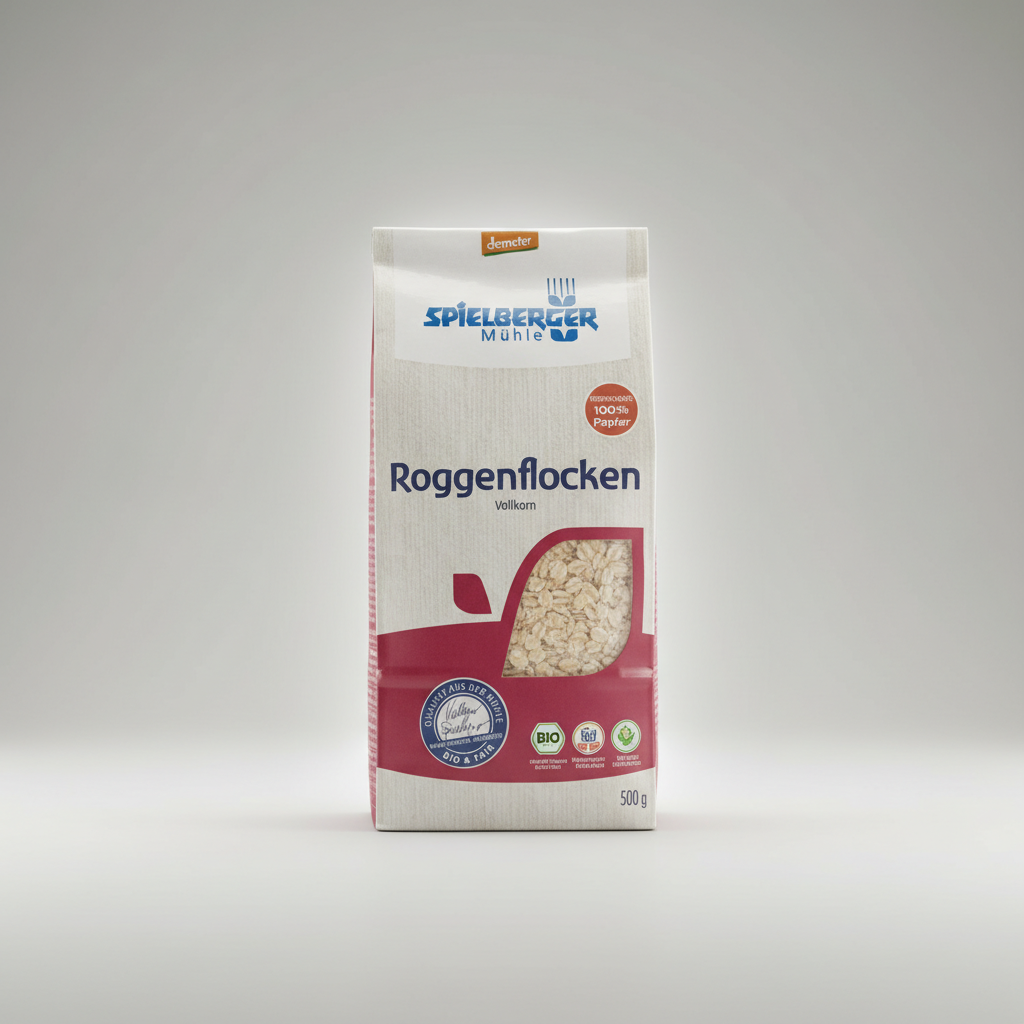 A professional commercial studio shot emphasizing the eco-conscious packaging of Spielberger Bio Roggenflocken (500g). The package is set against a sleek, minimalist background with a light source creating rim lighting that highlights its contours and natu