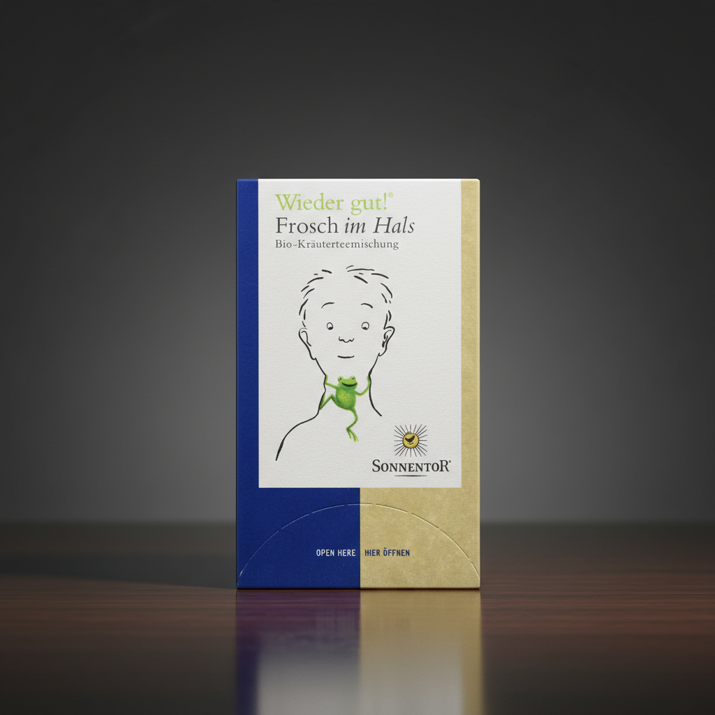 A close-up of the 'Sonnentor Frosch im Hals Bio-Kräutertee' package placed elegantly on a sleek, reflective dark wooden surface in a professional studio setting. Softbox lighting highlights the vibrant colors and intricate details of the box design, with a
