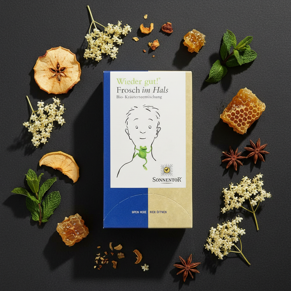 An artistic overhead shot of the 'Sonnentor Frosch im Hals Bio-Kräutertee' box with vibrant herbal ingredients like dried apple slices, honeycomb, and elderflowers artfully scattered around it on a matte, textured surface. HDR studio lighting with rim ligh