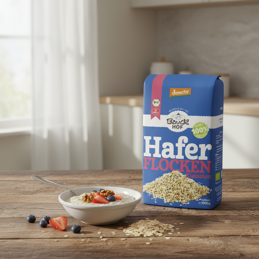 Bauckhof Bio oat flakes package on wooden table with oats, fruits, in bright morning light, showcasing wholesome natural breakfast setting.