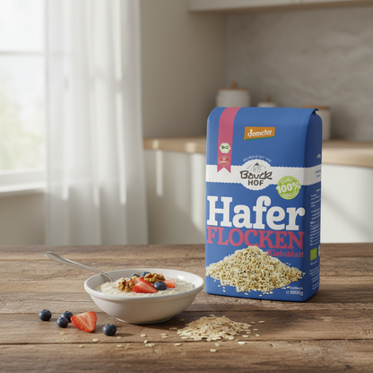 Bauckhof Bio oat flakes package on wooden table with oats, fruits, in bright morning light, showcasing wholesome natural breakfast setting.