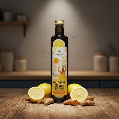 Full-body shot of the Kurkuma-Zitronen Sirup bottle on rustic wood, surrounded by lemons and turmeric roots, highlighting freshness and natural ingredients.
