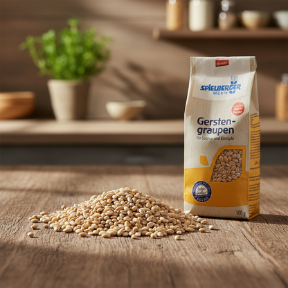 Close-up of organic dried barley grains on rustic wood, emphasizing texture and earthy tones in natural morning light.