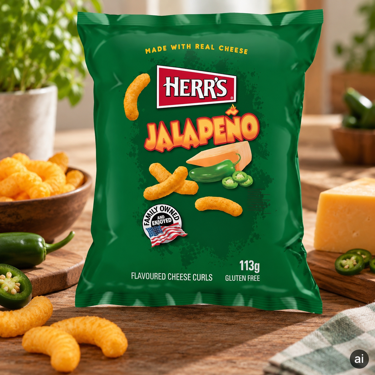 Herr's Jalapeño Käseflips 113 g im natürlichen Snack-Setting mit Jalapeño und Käse