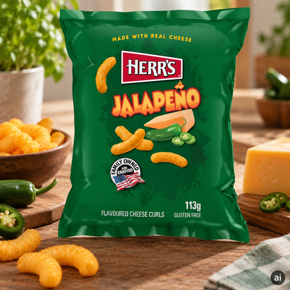 Herr's Jalapeño Käseflips 113 g im natürlichen Snack-Setting mit Jalapeño und Käse