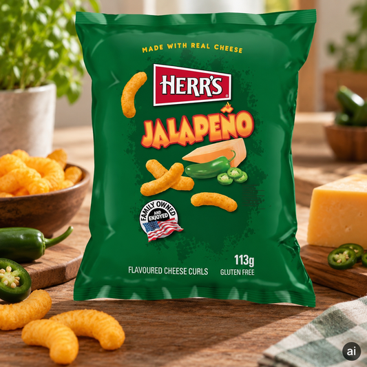 Herr's Jalapeño Käseflips 113 g im natürlichen Snack-Setting mit Jalapeño und Käse