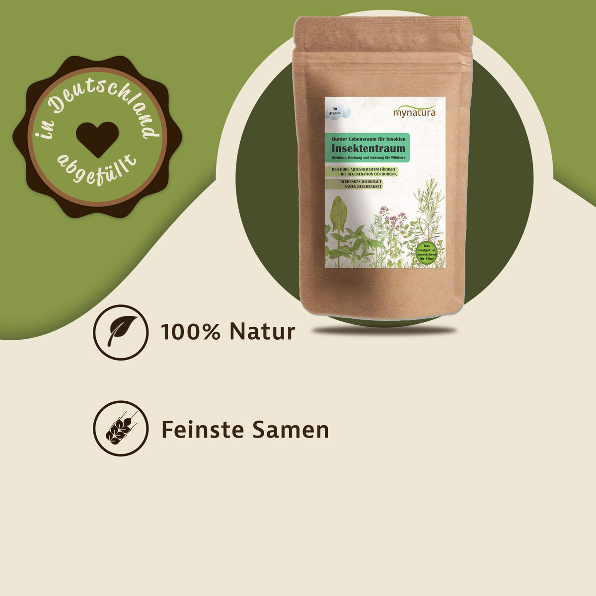 Mynatura Insektentraum Beutel auf grün-beigem Hintergrund mit Hinweis auf 100% Natur und feinste samen, geeignet für garten und balkon.