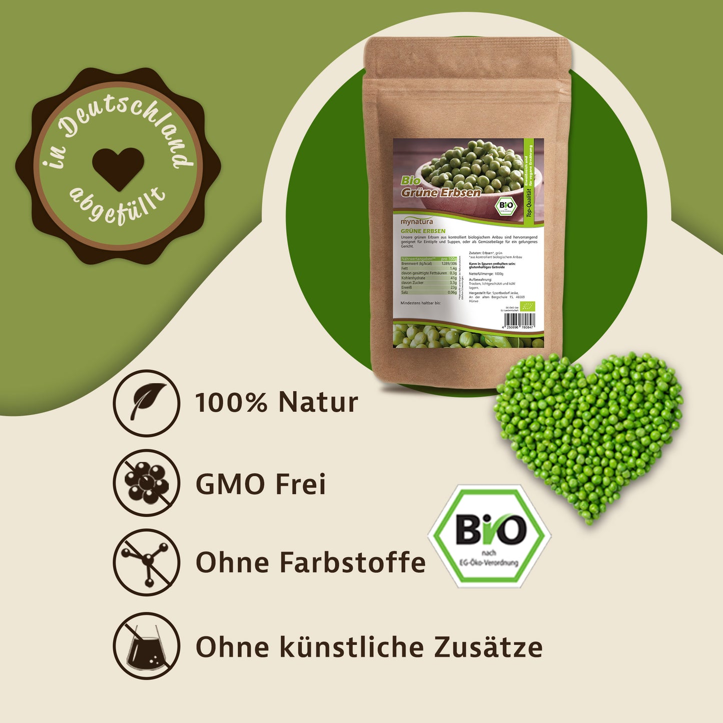 Mynatura Bio Grüne Erbsen - 1000g in verschiedenen Größen