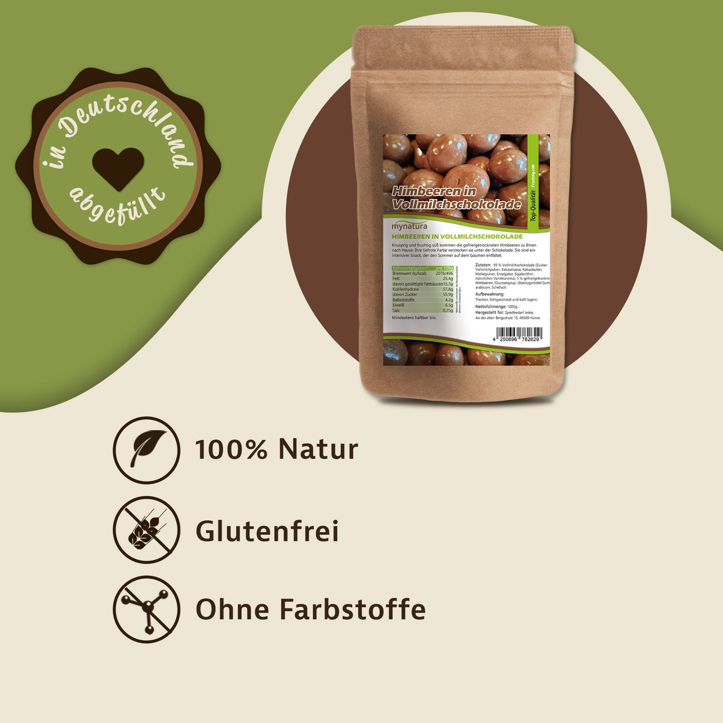 Mynatura gefriergetrocknete Himbeeren in Vollmilchschokolade – 1kg